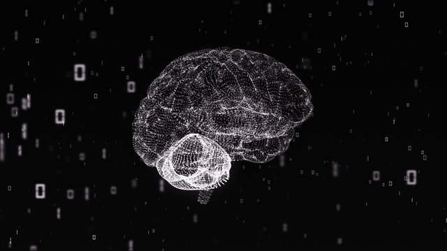 Monochrome digital computer brain 3D render floating in a cloud of numerical information illustrating the concepts of Big Data and artificial intelligence