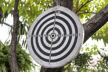 Old dart board hanging on a tree