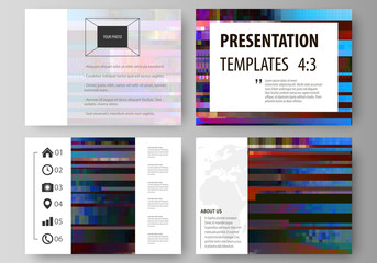 Business templates for presentation slides. Abstract layouts in vector design. Glitched background made of colorful pixel mosaic. Digital decay, signal error, television fail. Trendy glitch backdrop.