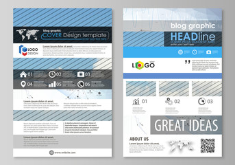 Blog graphic business templates. Page website design template, vector layout. Blue color abstract infographic background in minimalist style made from lines, symbols, charts, other elements.