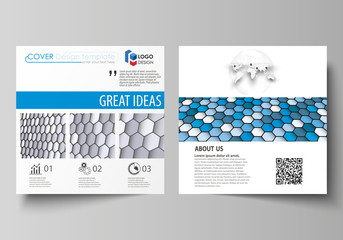 Business templates for square design brochure, magazine, flyer, annual report. Leaflet cover, vector layout. Blue and gray color hexagons in perspective. Abstract polygonal style modern background.