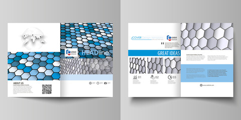 Business templates for bi fold brochure, magazine, flyer or report. Cover design template, vector layout in A4 size. Blue and gray color hexagons in perspective. Abstract polygonal style background.