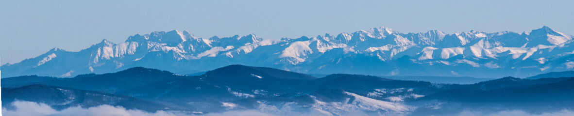 winter High Tatras mountains panorama from Lysa hora hill in Moravskoslezske Beskydy mountains - obrazy, fototapety, plakaty
