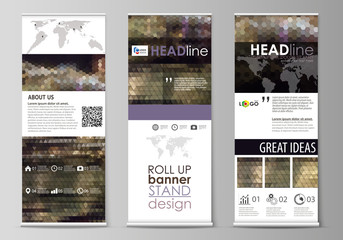 Set of roll up banner stands, flat design templates, corporate vertical vector flyers, flag layouts. Abstract multicolored backgrounds. Geometrical patterns. Triangular and hexagonal style.