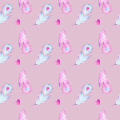 Seamless watercolor pattern with hand drawn feathers and red hearts