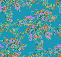 Fototapeta na wymiar Floral seamless background pattern in oriental style. Indian flowers and leaves. Vector illustration hand drawn.