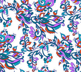 Obraz premium Floral seamless background pattern in oriental style. Indian flowers and leaves. Vector illustration hand drawn.
