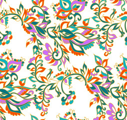 Floral seamless background pattern in oriental style. Indian flowers and leaves. Vector illustration hand drawn.