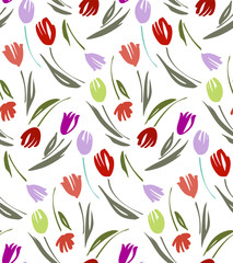 Floral seamless background pattern with tulips. Spring flowers blossom vector illustration hand drawn.