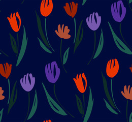 Floral seamless background pattern with tulips. Spring flowers blossom vector illustration hand drawn.