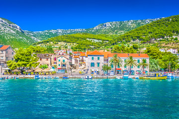 Town Bol waterfront view. / Scenic mediterranean coastal town Bol on Island Brac, Croatia...