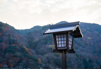 Japanese wooden spirit house, with forest background