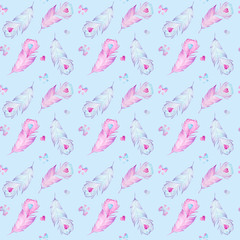 Hand drawn watercolor vintage seamless pattern with feathers, hearts and bows