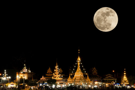 Full moon in night time fo Wat Jong Kham and Jong Klang at Mae Hong Son province, Thailand.