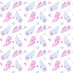 Watercolor feathers, hearts and bows seamless pattern texture on white background