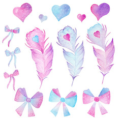 Watercolor feathers, hearts and bows on white background