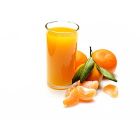 Fresh juice in the glass, mandarin  on white background