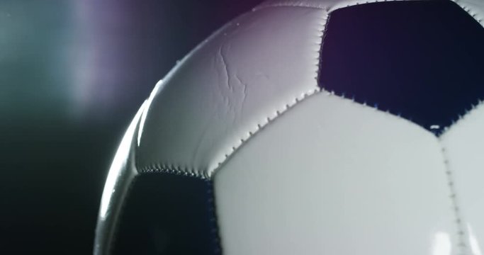 Macro shot of soccer ball, ball used in international cups, in matches. Concept: football betting, competition, sport.