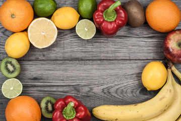 Fitness concept with fruit. Top view background concept. Fitness