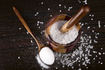 wooden mortar for grinding crystals of sea salt