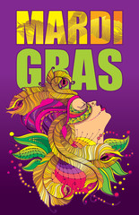 Vector placard with profile woman face in carnival mask with outline golden peacock feathers, ornate collar and colorful beads on the violet background. Design for Mardi Gras party in contour style.