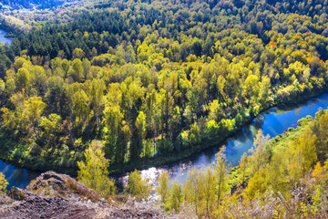 Autumn landscape. View of the Siberian river Berd, from the rock