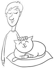 boy strokes cat coloring page