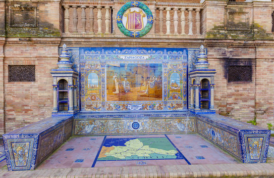 Zaragoza Province, Glazed tiles bench at Spain Square, Seville