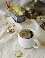 cup of hot cocoa flavored cookies. selective focus, top view