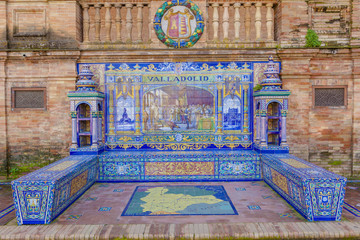  Valladolid Province, Glazed tiles bench at Spain Square, Sevill - obrazy, fototapety, plakaty