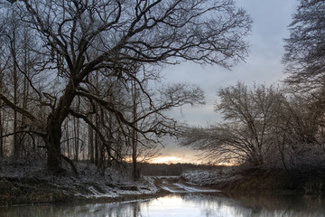 Winter landscape at sunset with the sky, river and trees.