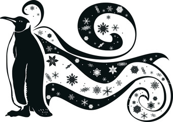 Vector black and white image with a penguin and snowflakes