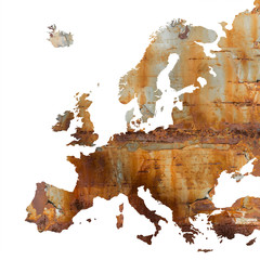 Map of Europe filled with rust as metaphor of bad condition of European states - decline and decay of country. Negative devastation, ruin and collapse of abandoned place 