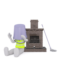 Cartoon Chimney Sweep on Floor with Bucket on Head