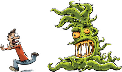 A cartoon man screaming and running away from a giant, green tentacle monster.