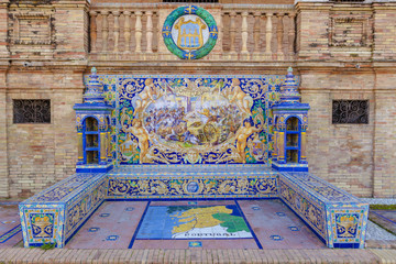 Pontevedra province, Glazed tiles bench at Spain Square, Seville - obrazy, fototapety, plakaty