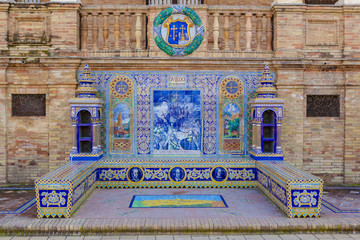 Oviedo Province, Glazed tiles bench at Spain Square, Seville - obrazy, fototapety, plakaty