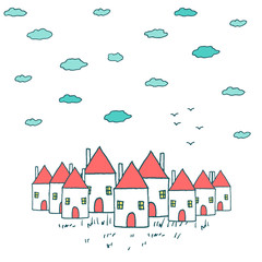 Cute small village with red roof houses - vector hand drawn illustration. Cozy sweet home for a family, sketched minimalistic style building