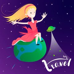 Little girl flying on Earth planet - concept of global travel