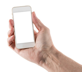 Male right hand holding smartphone with blank screen