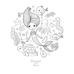 Marine illustrations set. Little cute cartoon mermaid, funny fish, starfish, bottle with a note, algae, various shells and crab. Sea theme.