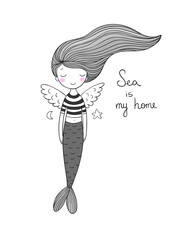 Cute little mermaid with wings. Siren. Sea theme.