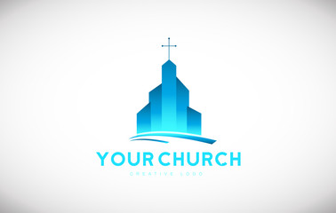 Blue church christian cross vector logo icon sign design template