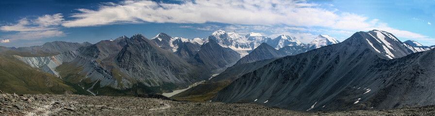 Panorama of the Altai Mountains. The view from the pass Karaturek