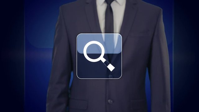 businessman hand pressing a virtual search button on the virtual screen.