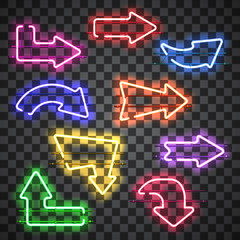 Set of glowing neon arrows of different colors isolated on transparent background. Shining and glowing neon effect. Every arrow is separate unit with wires, tubes, brackets and holders.