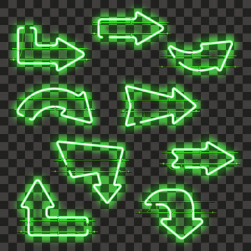 Set of glowing green neon arrows isolated on transparent background. Shining and glowing neon effect. Every arrow is separate unit with wires, tubes, brackets and holders. Vector illustration.