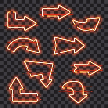 Set of glowing orange neon arrows isolated on transparent background. Shining and glowing neon effect. Every arrow is separate unit with wires, tubes, brackets and holders. Vector illustration.