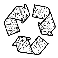 Vector illustration of recycling icon mandala for coloring book, simbolo del riciclo mandala da colorare vettoriale