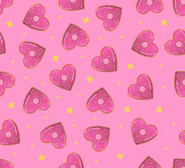 Vector cartoon seamless pattern with heart donut and stars for gift wrap and covering. Concept of Happy Valentine's Day.